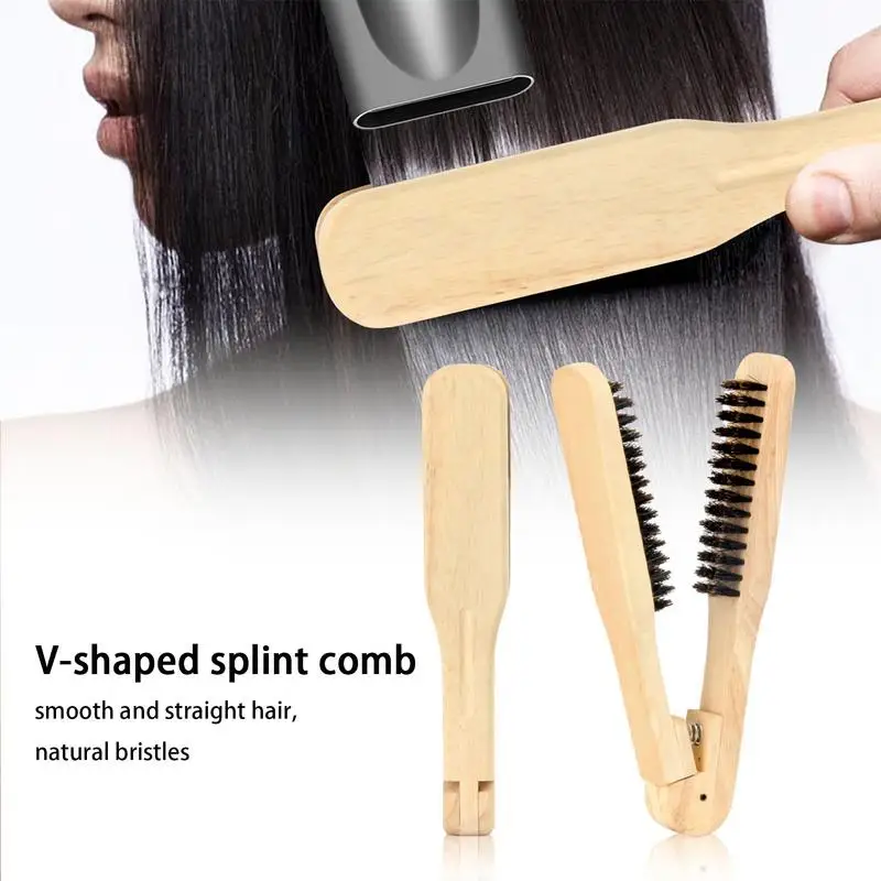 Wooden Hair Straightener Brush Boar Bristle Clamp Hair Brush Hair Comb Curling Comb V Shape Styling Boar Bristles Detangler Tool