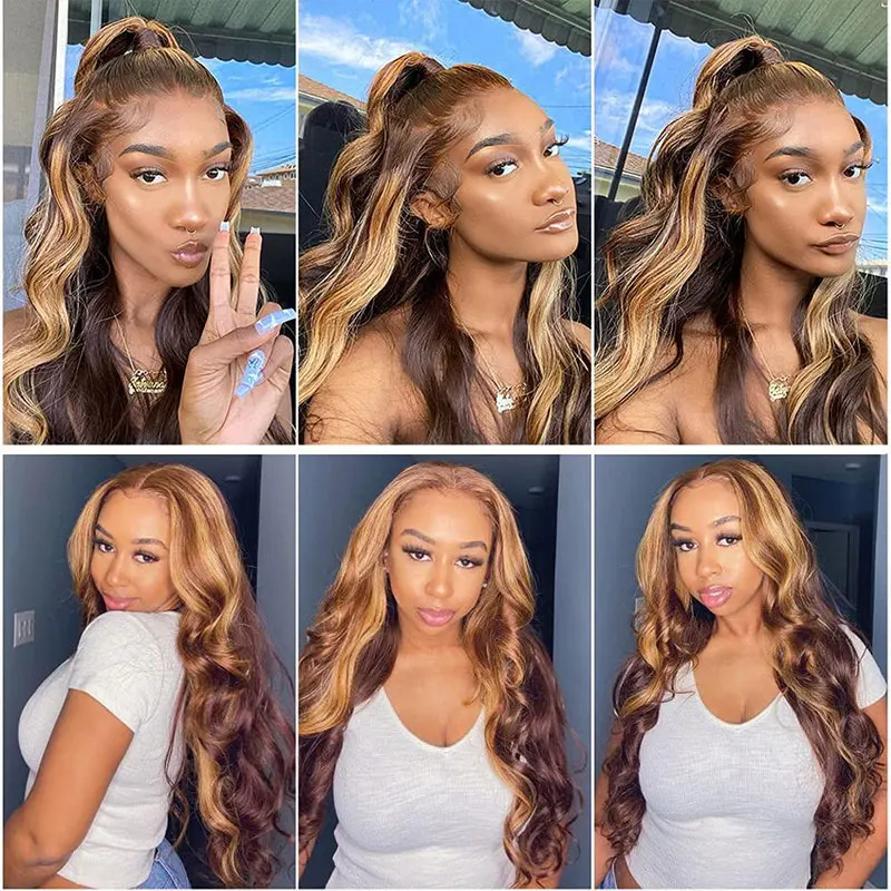 Human Hair Wig Body Wave 4/27 Honey Blonde T Part Lace Brazilian Remy For Women