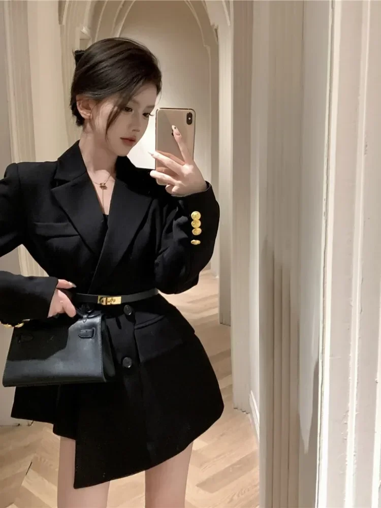 

UNXX Vintage Black Women Suit Jacket Spring Autumn 2024 New Retro Irregular Waist Slim Elegant Office Lady Suit Blazer Women Top