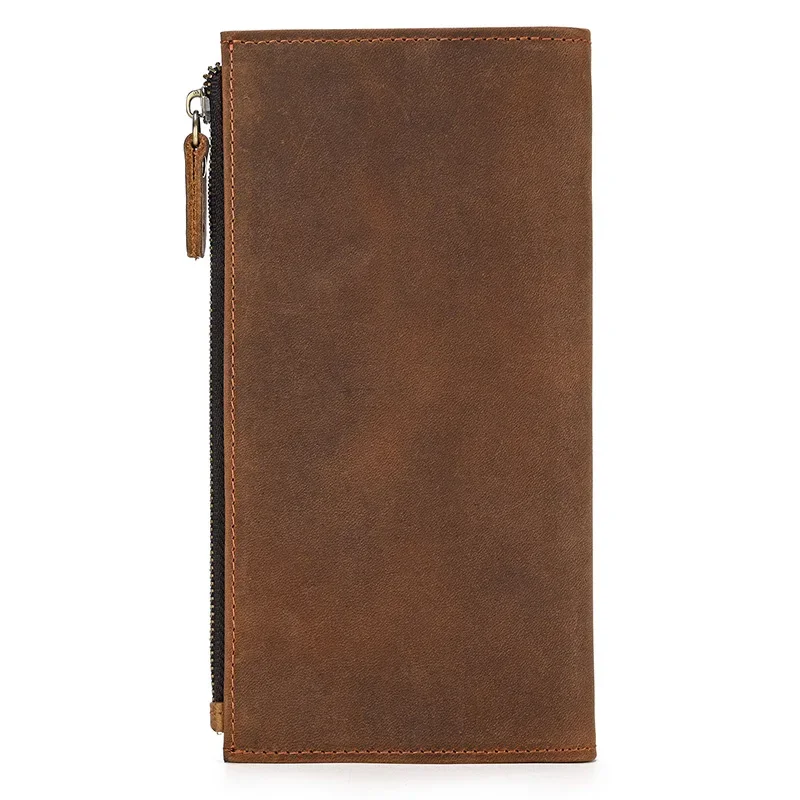 Fashionable Crazy Horse Leather Men's Long Wallet with Multifunctional Card Slots and Zipper Pocket