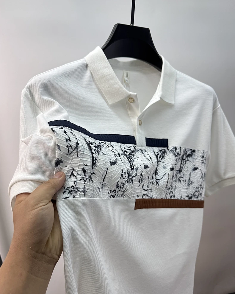 High quality fashion men's short sleeve polo shirt trend personalized patchwork stripes luxury comfortable lightweight T-shirt 20 S4cc736903b5149d2bf397876cacab722B