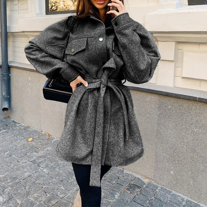Fashion Loose Lapel Woolen Jacket Coat with Belt Vintage Long Sleeve Side Pockets Female Outerwear Chic Overcoat Warm Women 2022