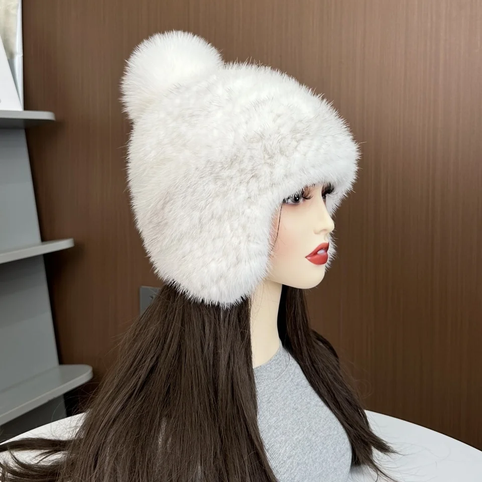 Neue Winter Damen Echt Nerz Pelz Hut Warme Verdickte Ohr Schutz Gestrickte Kappe Damen Winter Mode Zubehör – Detail 8