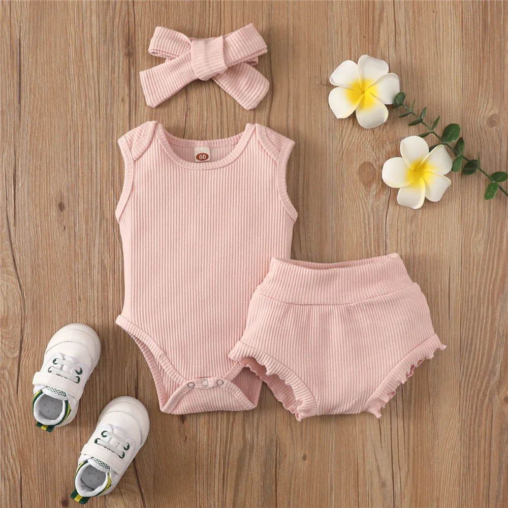 0-24 Months Newborn Baby Girls 2 Piece Clothes Set Toddler Summer Solid Color Sleeveless Knitted Rib Romper Shorts Hairband baby knitted clothing set Baby Clothing Set
