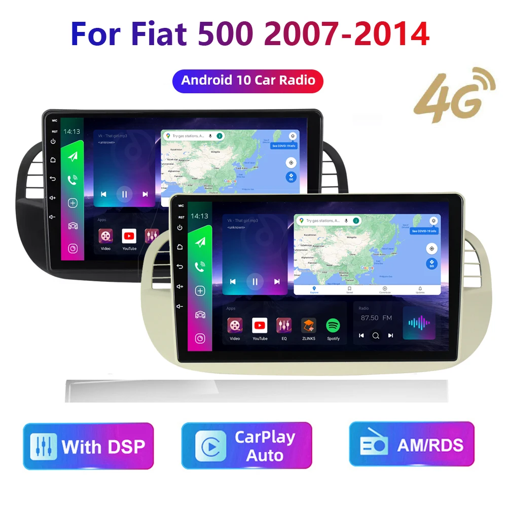 Hd Multimedia Car Stereo Radio Android Video Navigation Gps Carplay 4G Am/Rds/Dsp Per Fiat 500 2007-14