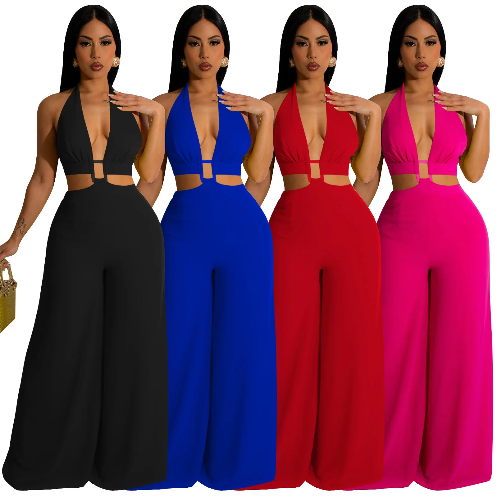 Summer Backless Jumpsuit Women Sexy Wrap Chest Solid Hurdleneck Rompers Lady Nightclub Party Hollow Out Wide Leg Pants Jumpsuits