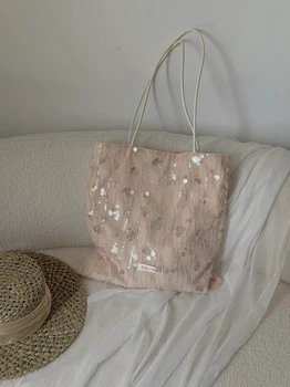 Borsa a Spalla Rosa con Paillettes per Donne, Lusso Discreto, Grande Capacità, Versatile, Tote Bag Monocolore per Shopping e Pendolarismo