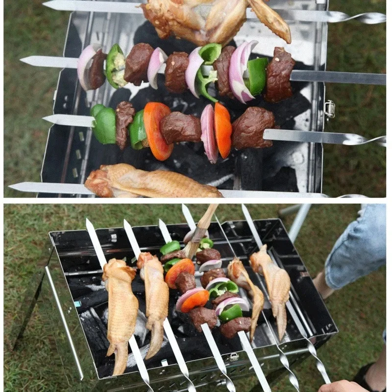 12Pcs Stainless Steel Barbecue Skewers Long Handle 55cm Wooden Barbecue Handle Large Flat Stick Outdoor Picnic Tools