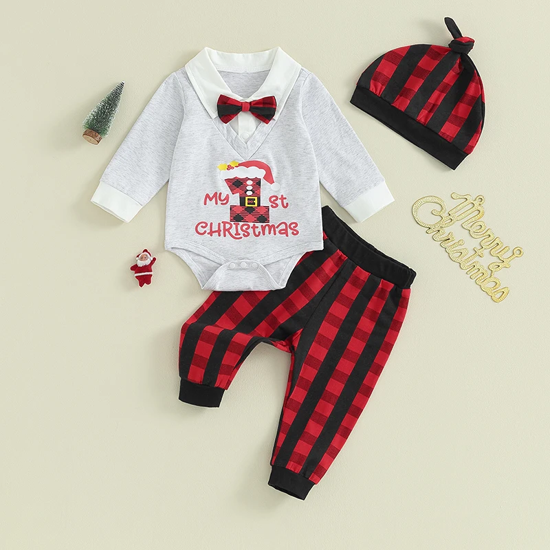 

2023-08-08 Lioraitiin 0-12M Baby Boys Christmas Outfits Long Sleeve Bow Tie Romper + Pants + Hat Set Gentleman 3Pcs Clothes