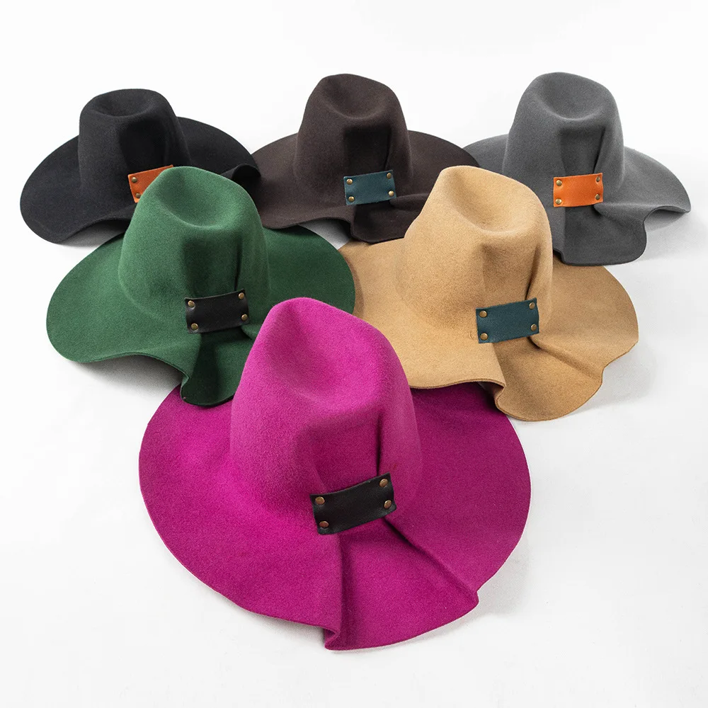2022 Autumn Winter New Fashion Pleated Leather Rivet Wide Brim Wool Top Hat Women's Fedora