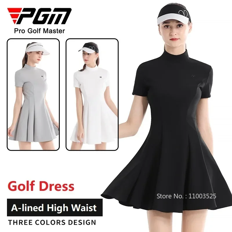 Pgm Golf Wear Women's Short Sleeve Ruffle Dress Outdoor Breathable High Waist Dresses Lady Korean Style Anti-exposure Skirt