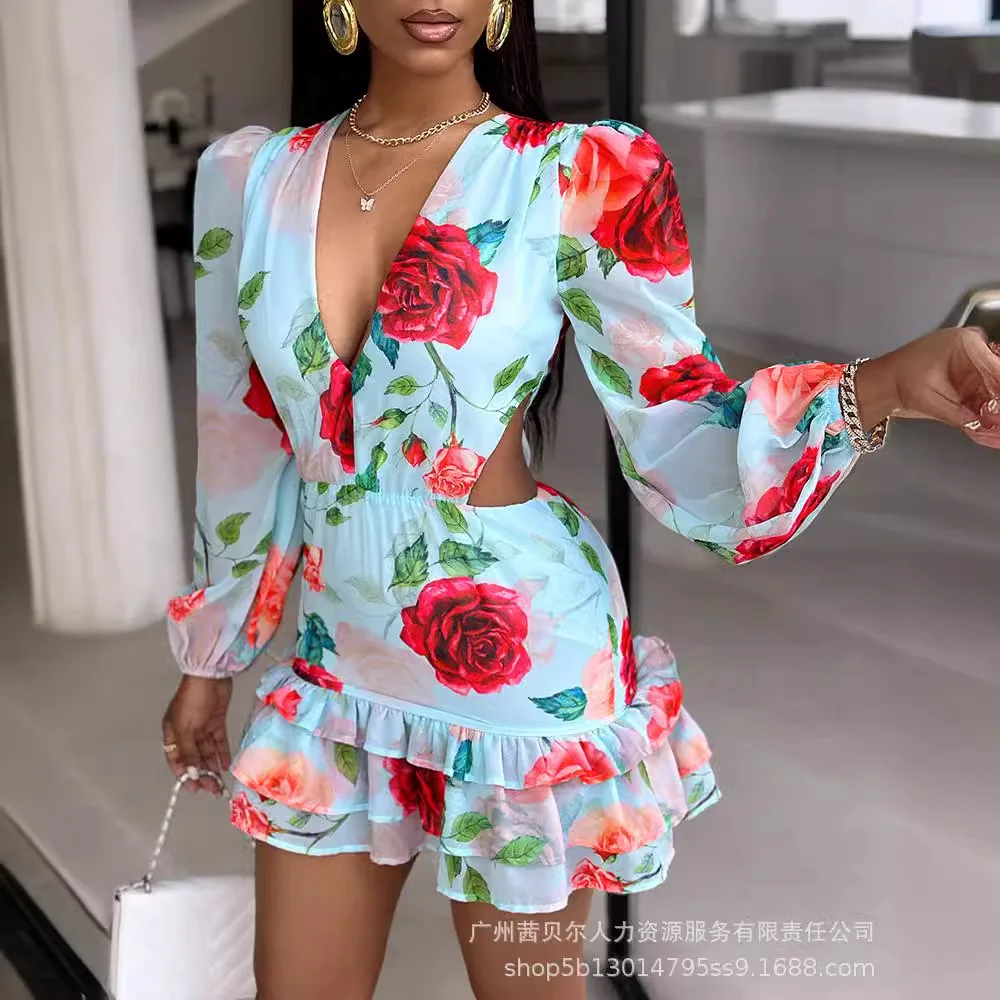 

Floral Print Ruffles Layered Dress Women Spring Summer High Waist Mini Dress Sexy Hollow Out Flower