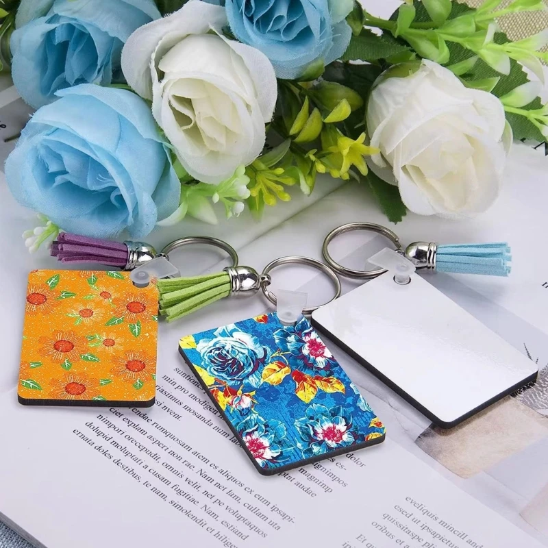 200Pcs Double-Side MDF DIY Blank Keychain with Key-Rings Tassel Buckle Heat Transfer Keychain for Present Making N2UE