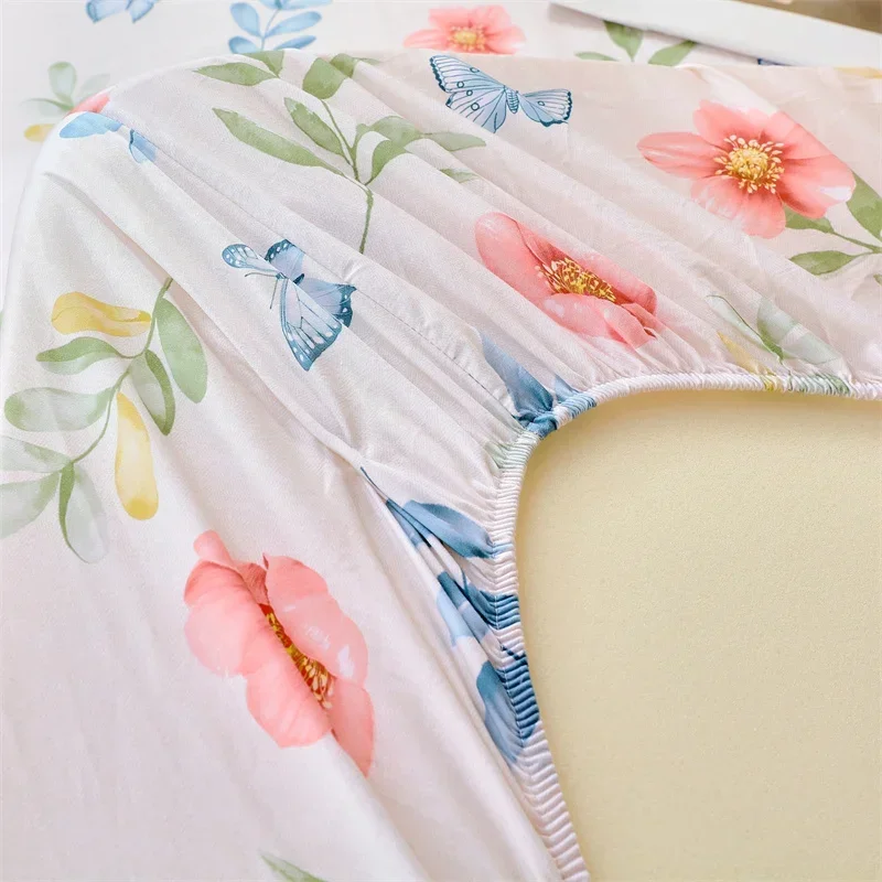 Botanical Floral Fitted Sheet Set 100% Cotton Skin-friendly Bedspread with 2 Pillowcases Children and Student Room Single Sheet 6
