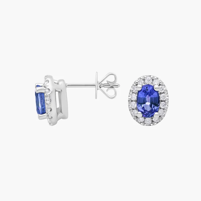Klassische Labor-Saphir- und Diamant-Ohrringe Ovaler Labor-Saphir mit Rundem Labor-Diamant im Halo-Stil 9K/14K/18K Weißgold Ohrstecker – Detail 3