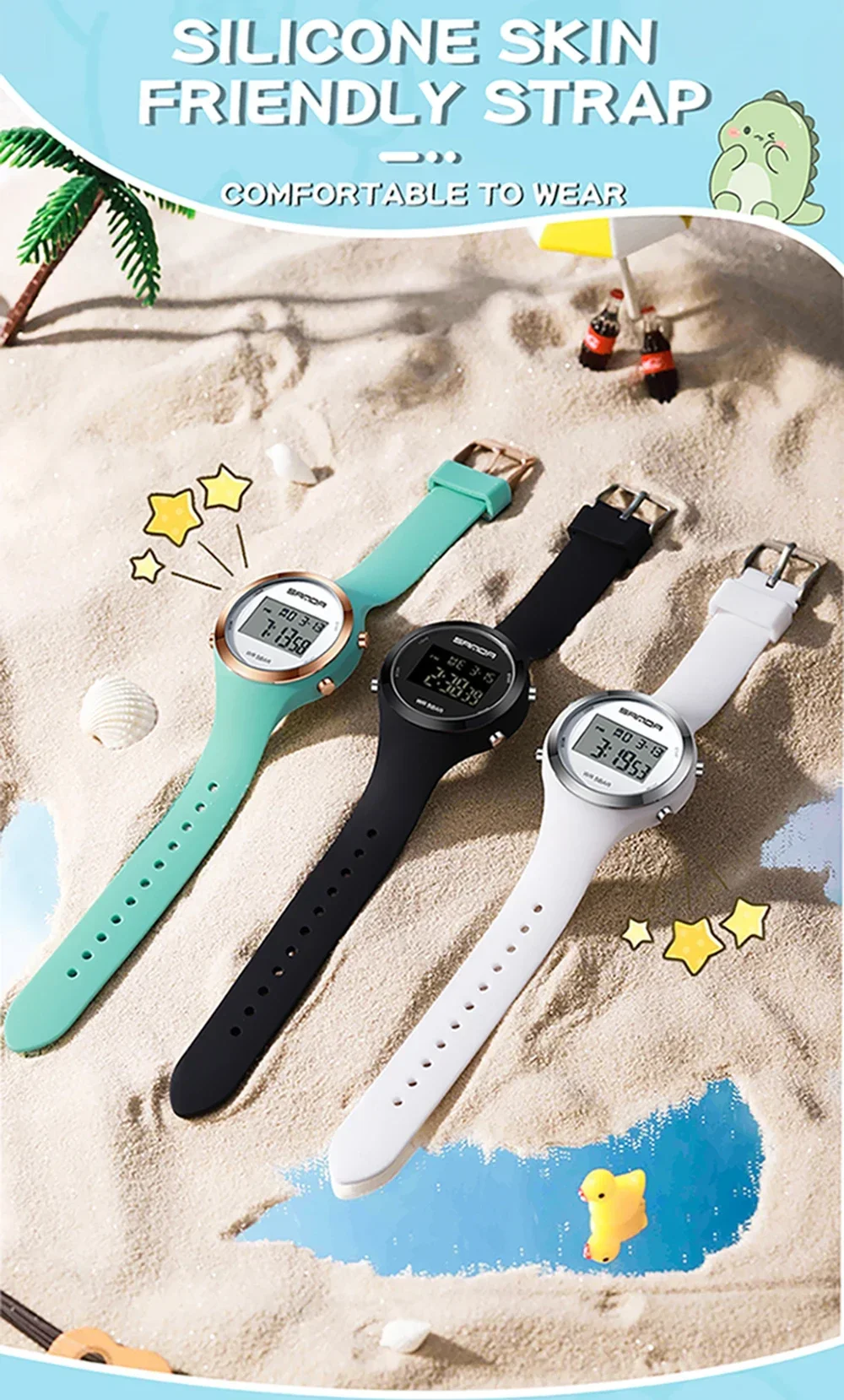 SANDA 2147 Montre numérique élégante et étanche pour femmes, chronographe LED, montre-bracelet de sport pour femmes, cadeau pour garçons et filles_voghion.com