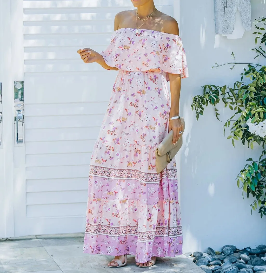 Flower Print Off Shoulder Long Dresses For Women Spring Summer New Fashion Temperament High Waist Leace-up Dress Female Vestidos 30 undefined