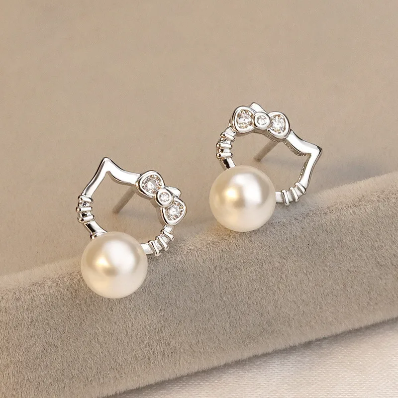 925 Sterling Silver Cat Kitty Bowknot Pearl Jewelry Sets Necklace Stud Earrings silver jewelry set jewelry set silver jewelry pearl jewelry