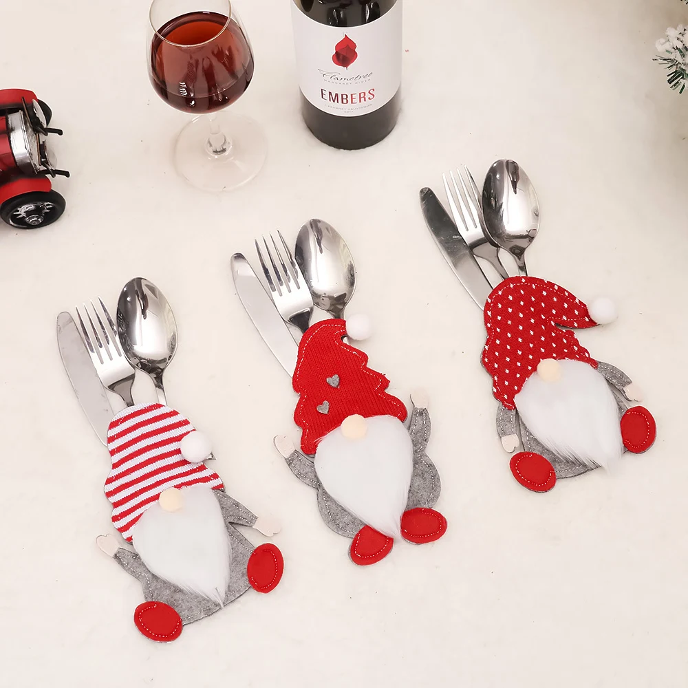4pcs Gnome Christmas Cutlery Holder Knife Fork Pocket Bags Santa Claus New Year Party Dinner Decoration Xmas Tableware Cover