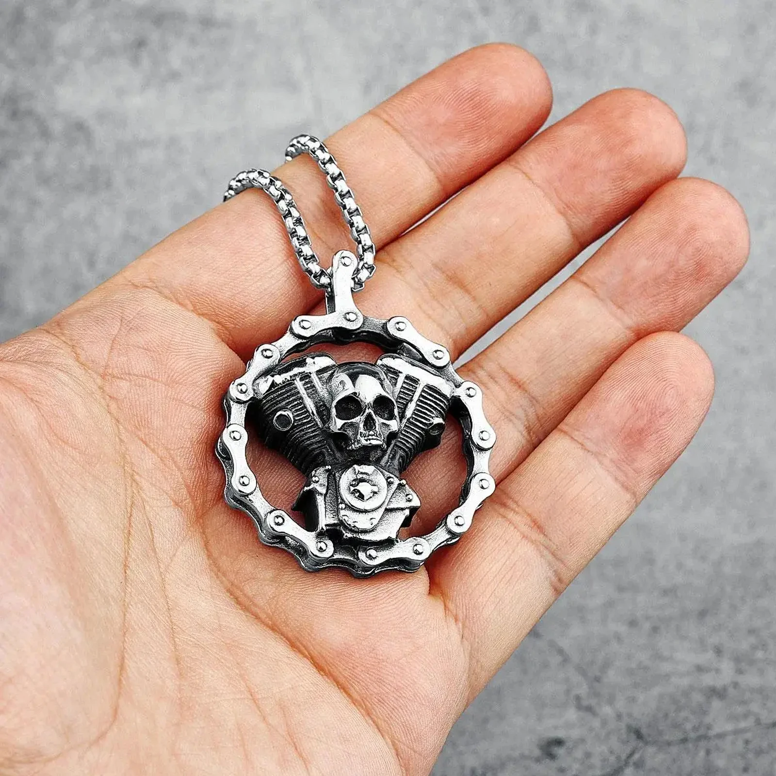 Mens Stainless Steel Motorcycle Chain Biker Skull Pendant Necklace Retro Gothic Punk Jewelry