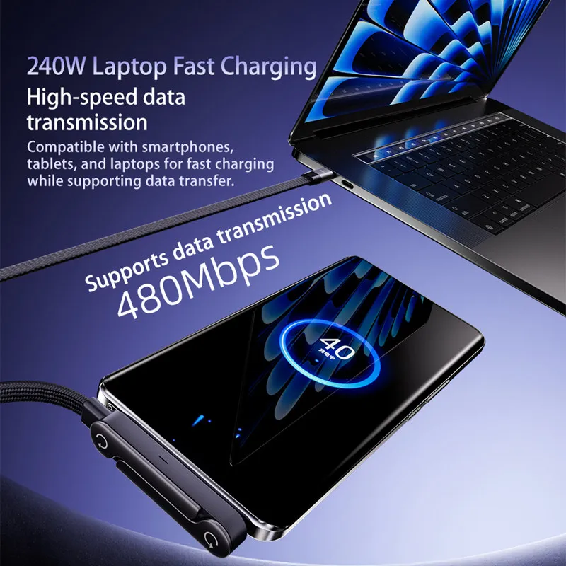 240w Pd Fast Charging Foldable Phone Holder Data Cable 1 5m Charging Type C Line For Iphone 17 16 15 Macbook Samsung Xiaomi Oppo, Alina Gadgets