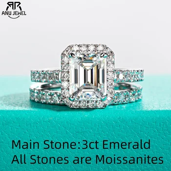 AnuJewel 3ct Emerald Cut D Color Moissanite Halo Bridal Ring Set Vintage Wedding Band Silver Rings With Cer Jewelry for Women