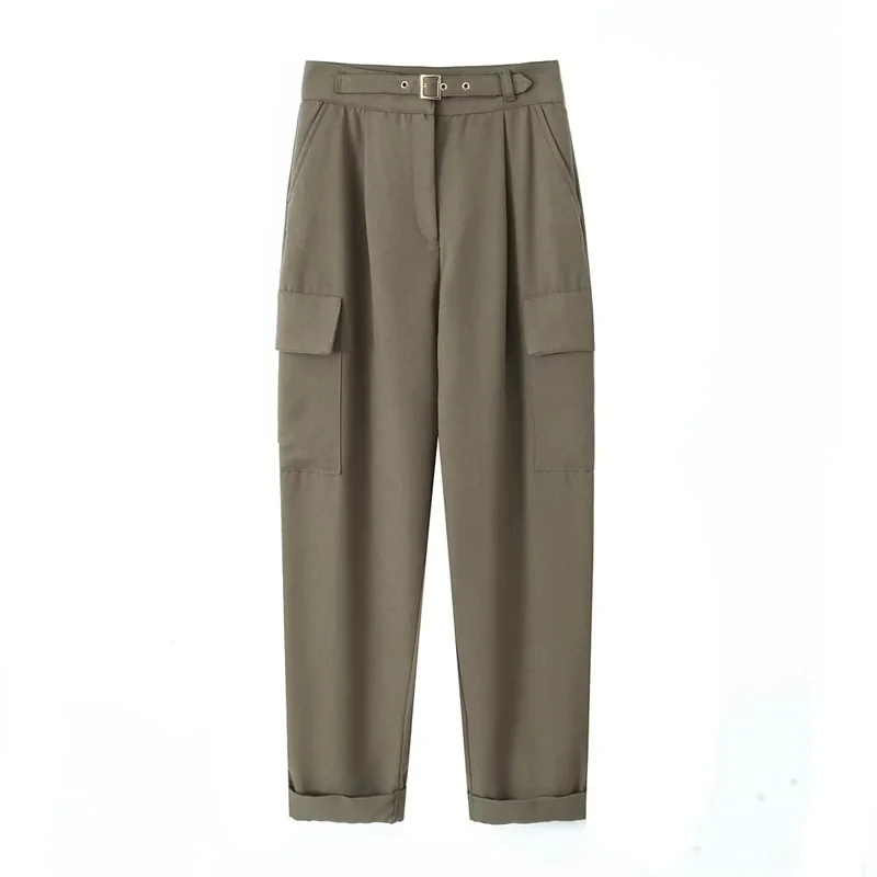 

TRAF High Waist Cargo Pants Women Autumn Streetwear Casual High Waist Front Pleats Pant Fashion Pockets Straight Legs Trousers