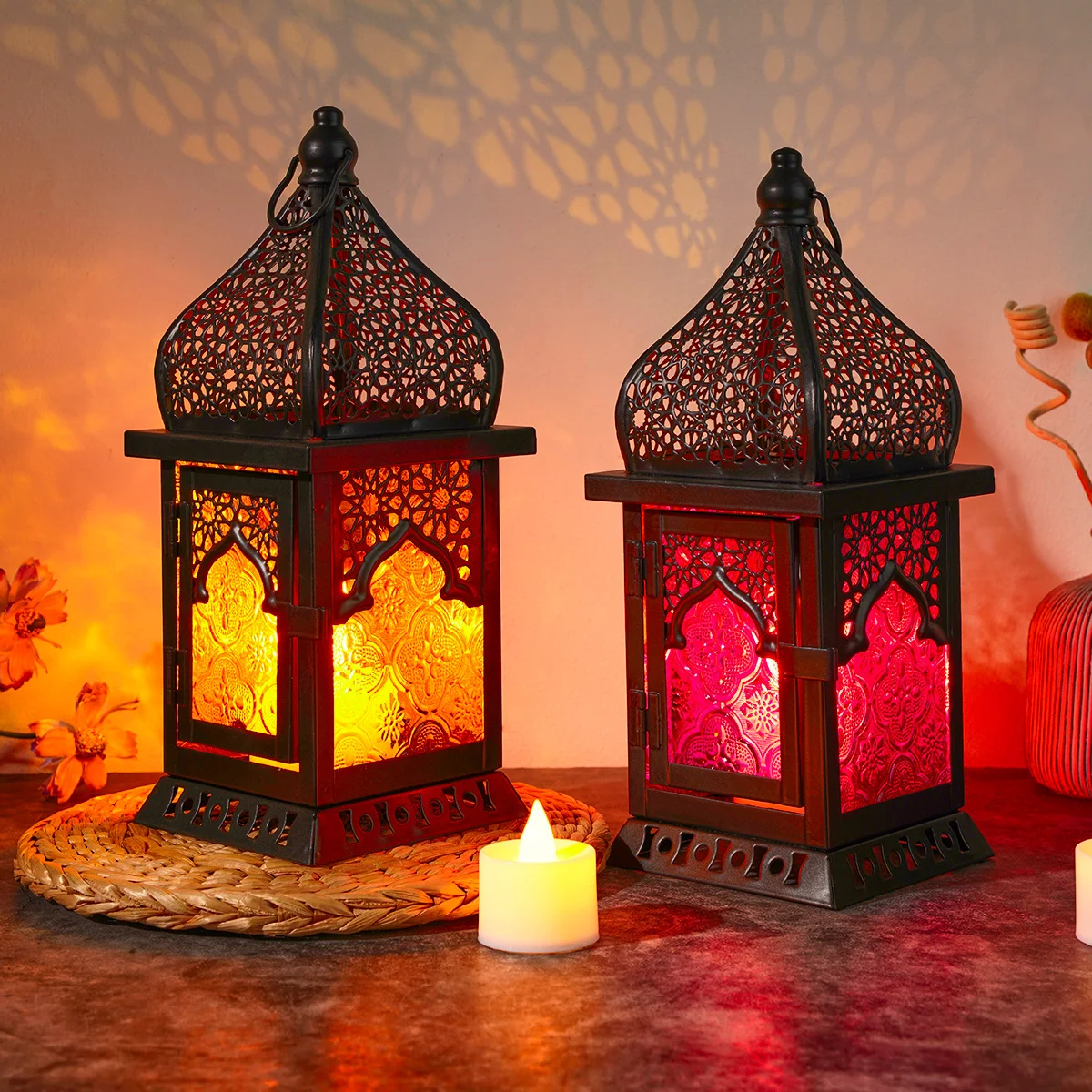 1PC, European-style castle-shaped hollowed-out patterned colored glass candlestick, ironwork hanging glass candlestick