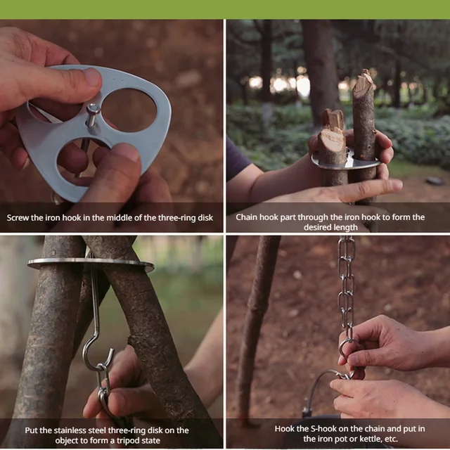 Új Kültéri Bbq Leszerelhető Állványpolc Állítható Kemping Tűzrács Függő Edénykészlet Szerszám Hordozható Rozsdamentes Acél - Image 4