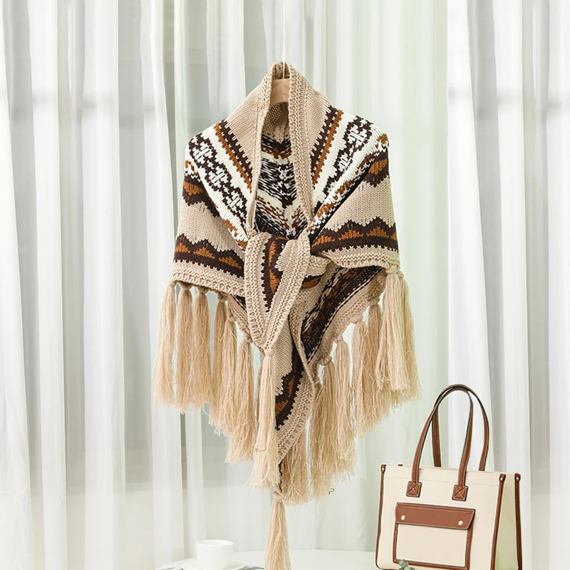 

Женское Трикотажное пончо треугольная шаль с кисточкой, классические ретро-пончо в полоску, теплая хлопковая шаль, осень в этническом русском стиле для женщин