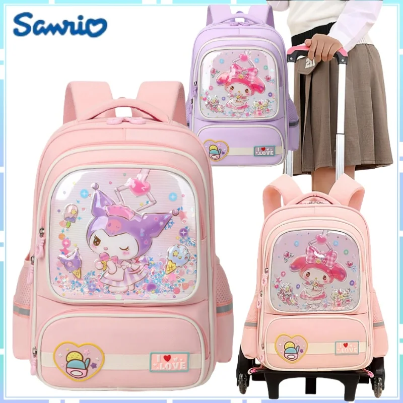 Sanrio Kuromi Portable Trolley School Bag Melody Cartoon Cute Print Backpack Six-wheel Stair Climbing Detachable Lever Gifts Boy