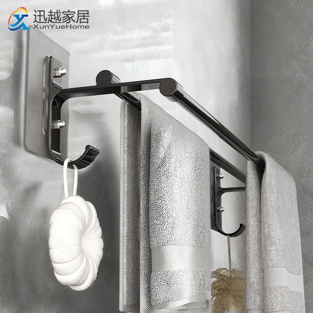 Towel Rack Towel Holder Bathroom Facilities Punch-free Towel Rack Home Patch Double Bars Black Space Aluminum Wall Self Adhesive Clothes Holder Bathroom Hanger Acessorios