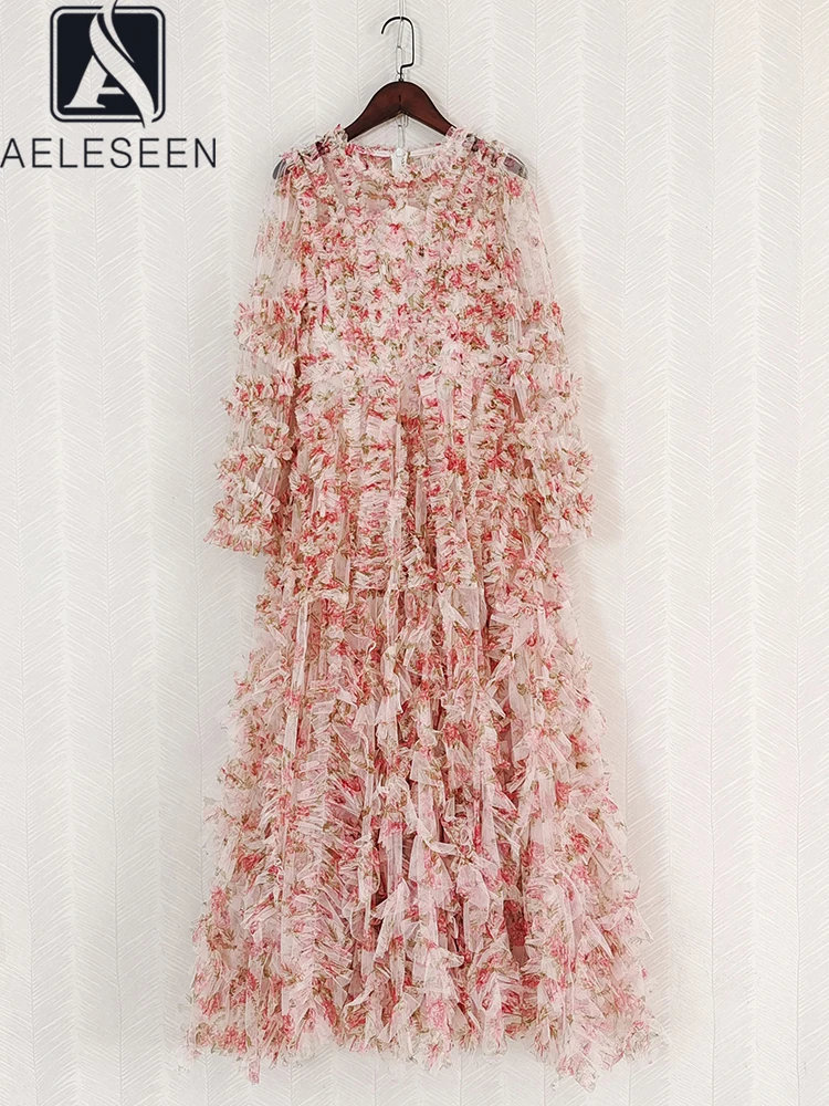 

AELESEEN Elegant Pink Party Dress Women Autumn New Flower Print 3D Ruffles Edible Tree Fungus Gauze Long Layered Gown Ball