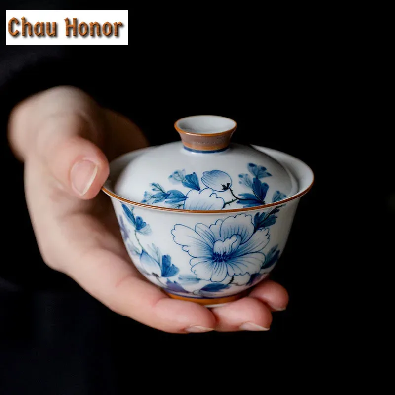 85ml Boutique Pure Hand-painted Blue Camellia Art Ceramic Tea Tureen Covered Bowl Tea Maker Gaiwan Kung Fu Bowl With Cover