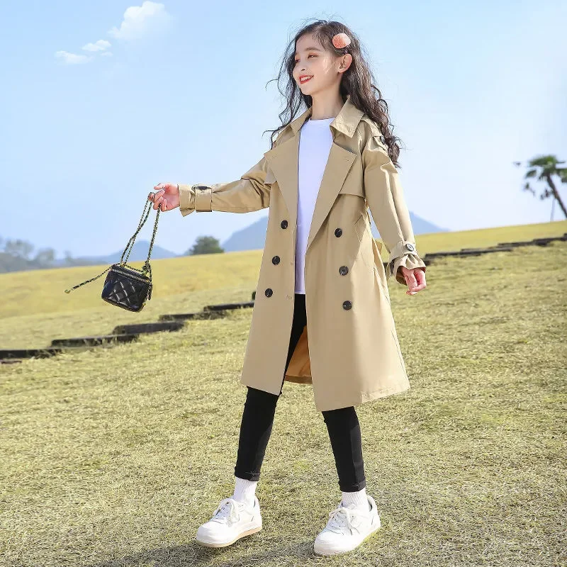 

England Style Teenager Long Trench Big Girls Windbreakers Spring Autumn Jacket Kids Children Outerwear Coats Plus Size 6-15Y