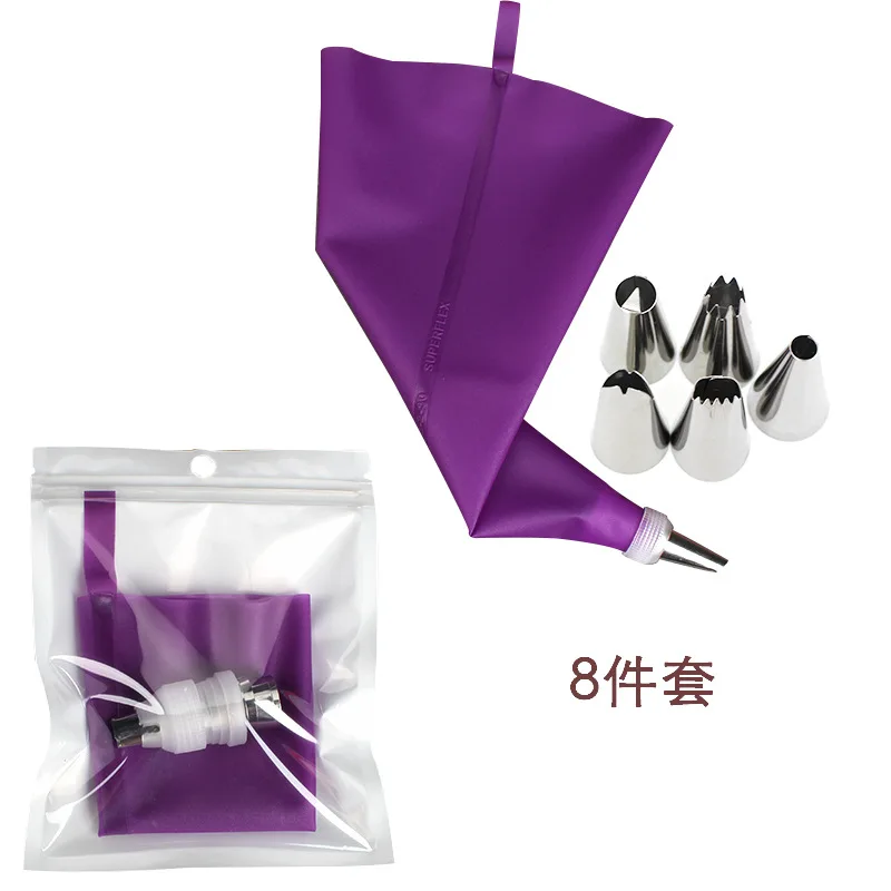 Purple Silicone Pastry Bags and Stainless Nozzle Set for Cake Decorating and Icing