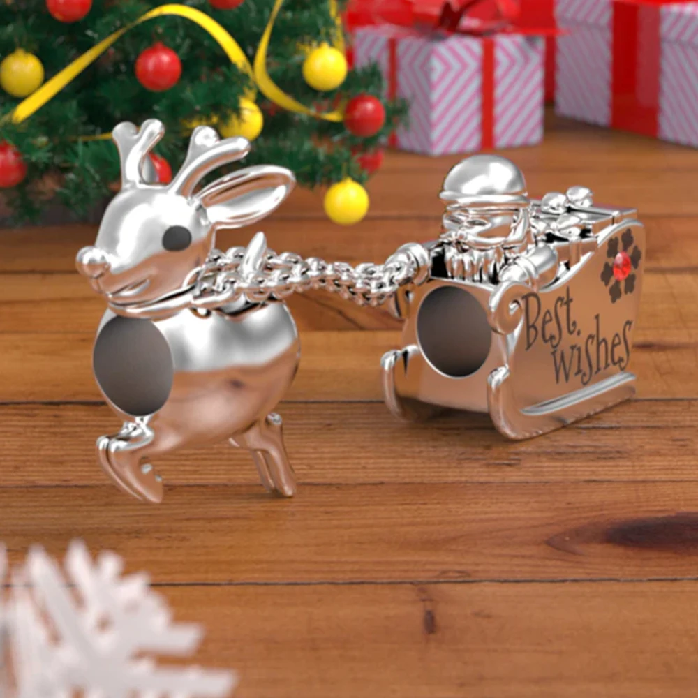 2022 Christmas New 925 Sterling Silver Charm Santa Elk Bells Snowman Pandora Bead fit Original Bracelet For Women DIY Jewelry