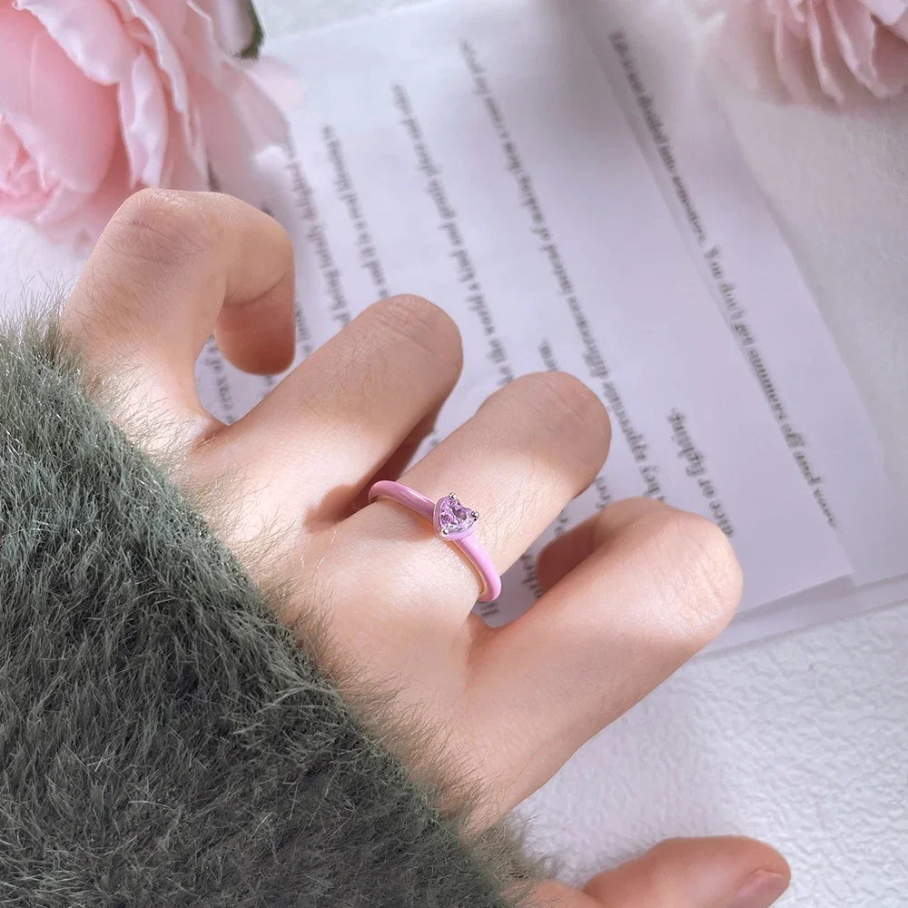 2025 Valentine's Day 925 Silver Black & Pink Heart Shiny Zircon Rings Trendy Ring for Women Love Gift DIY Fine Jewelry 4