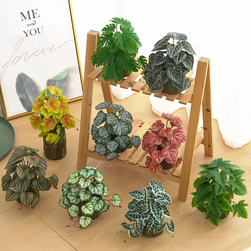 

Creative Simulation of Green Potted Plants Leaves Wooden Piles Ornaments Xmas Home Living Room Office Desktop Decoration Crafts
