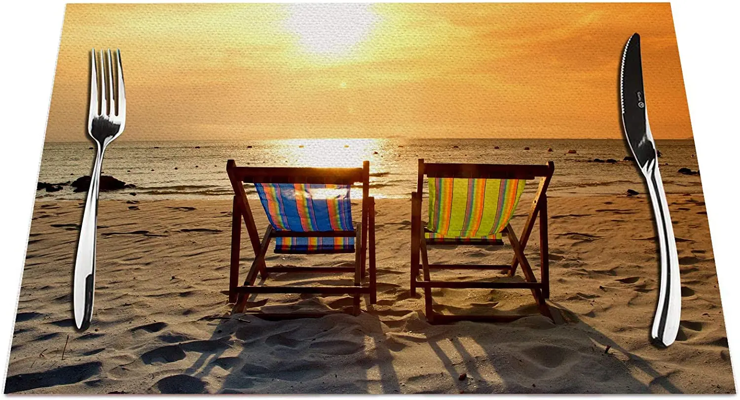 

Beach Chair Placemats Set of 4, Beach Chair On The Beach with Sunset Placemats Heat Resistant for Dining Table Non-Slip