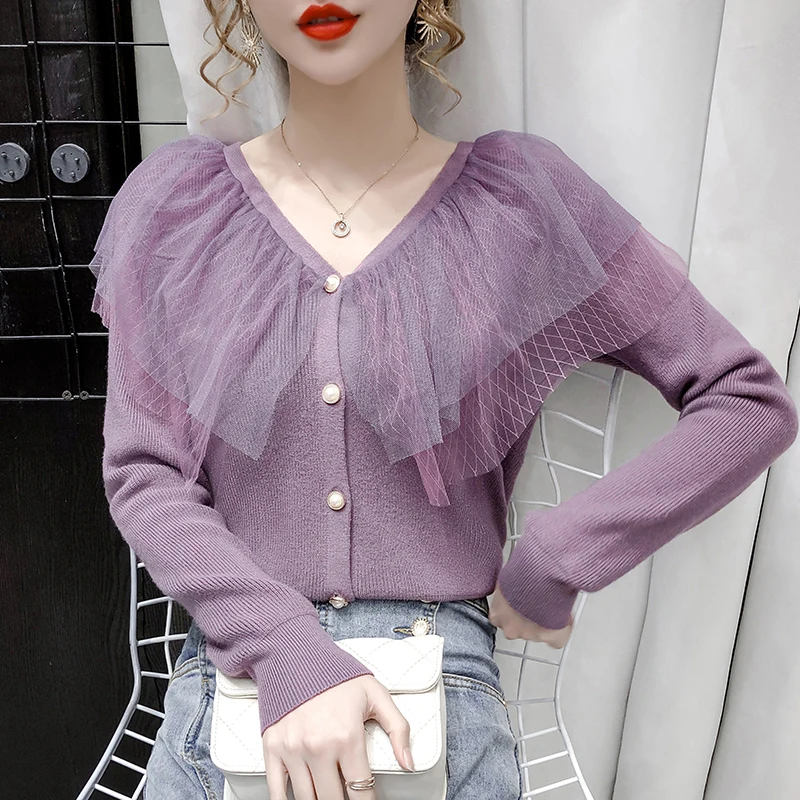 

Ruffled Collar Knitted Cardigan Women Solid Single Breasted Loose Cardigans Korean V Neck Chic Design Sweater