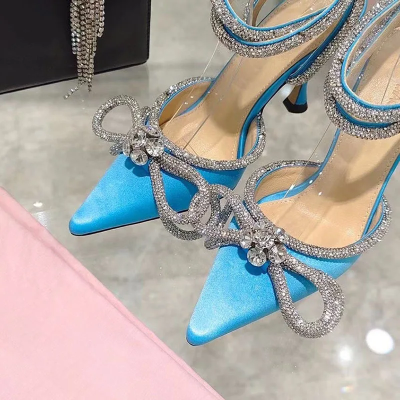 Fashion Style Glitter Rhinestones Women Pumps Crystal Bow 8 Cm Summer Lady Shoes Genuine Leather High Heels Party Prom Shoes 