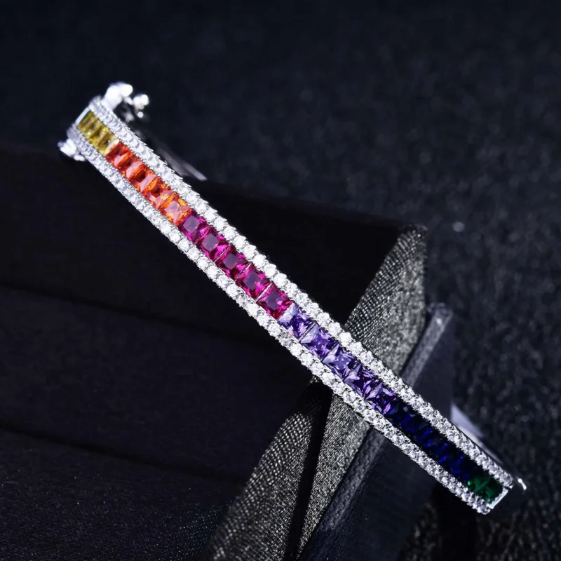 

WPB Luxury Rainbow Zircon Bangle Women Colored Square Diamond Bangles Female Platinum Plating Fine Jewelry Bright Girl Gift