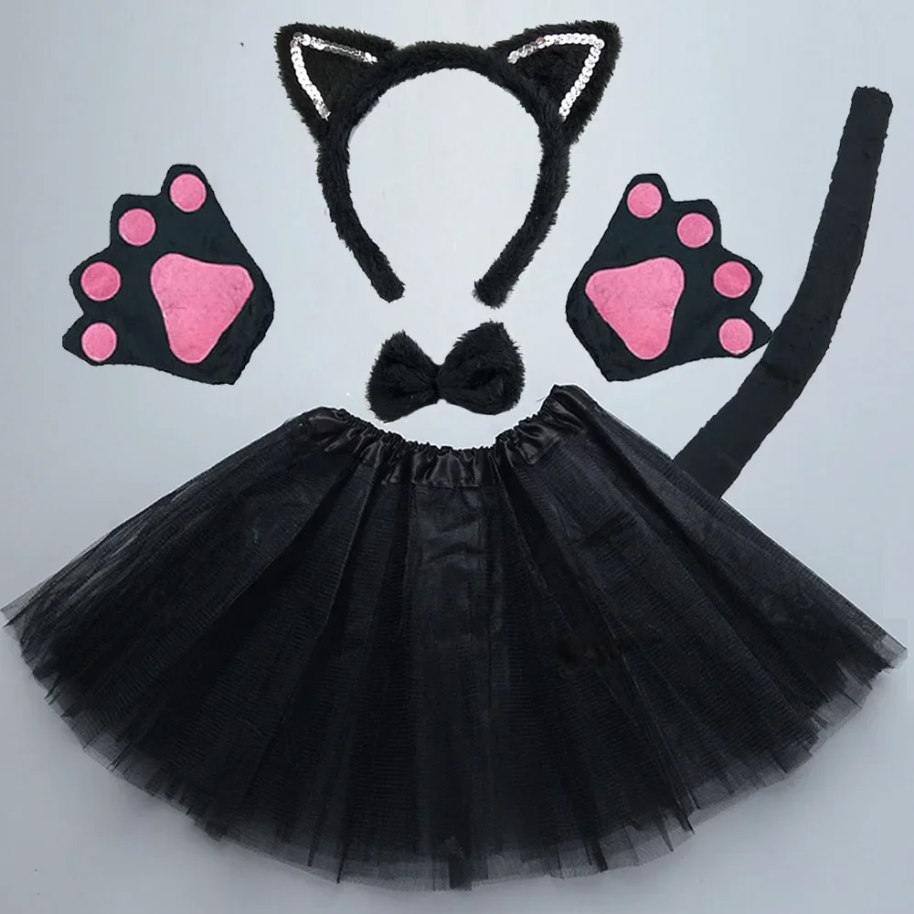 Girl Kids Party Black White Pink Cat Ear Headband Paw Tail Tie Birthday Gift Anime Christmas Costume Cosplay New Year hair accessories anime cosplay props animal cosplay costume