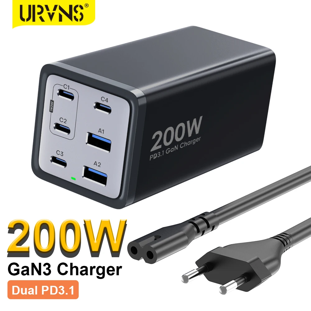 

URVNS 200W GaN3 Power Adapter USB Type C PD3.1 Fast Charging For Macbook Tablet Quick Charge 3.0 Phone Charger For iPhone 14 13
