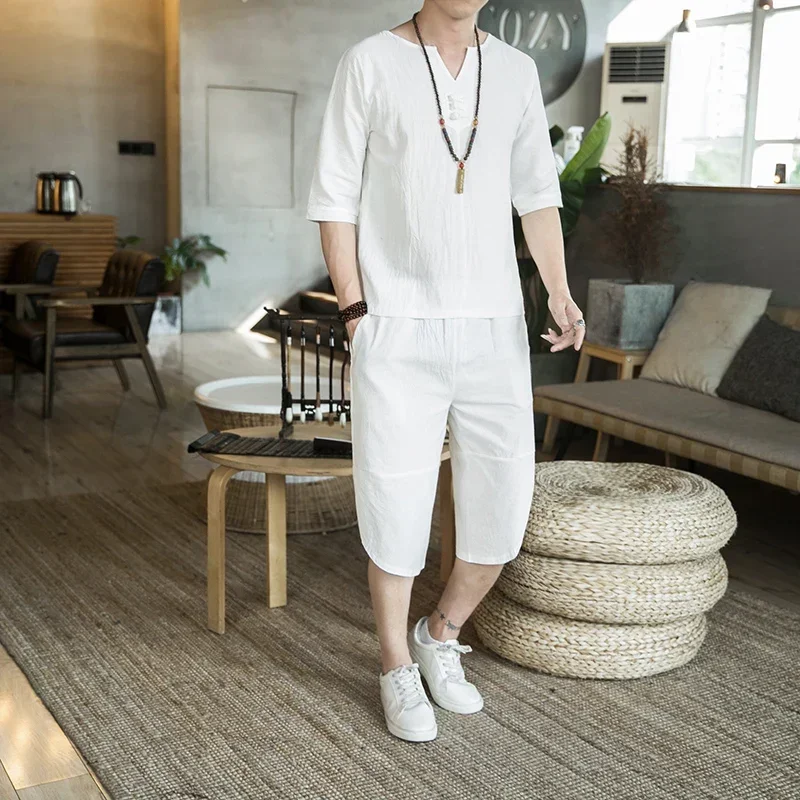 Summer Japanese Style Clothing Set Samurai Man T-shirt Trousers Breathable Chinese Suit Kimono Top Cropped Pants Outfit Harajuku