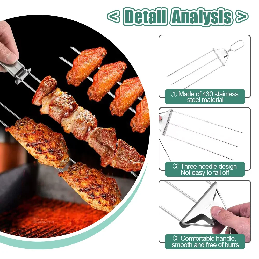 3 Way Grill Skewers Shrimp Skewers For Grilling Stainless Steel Reusable Semi-Automatic BBQ Fork 2 Way Kebab Stick Kitchen Tools