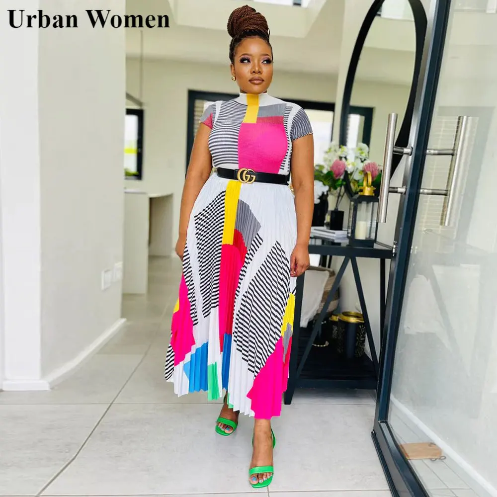 Spring Summer Fashion Printing Pleat Two Piece Set Women Elegant Printing Top Pleated Skirt Two Piece Suit Women