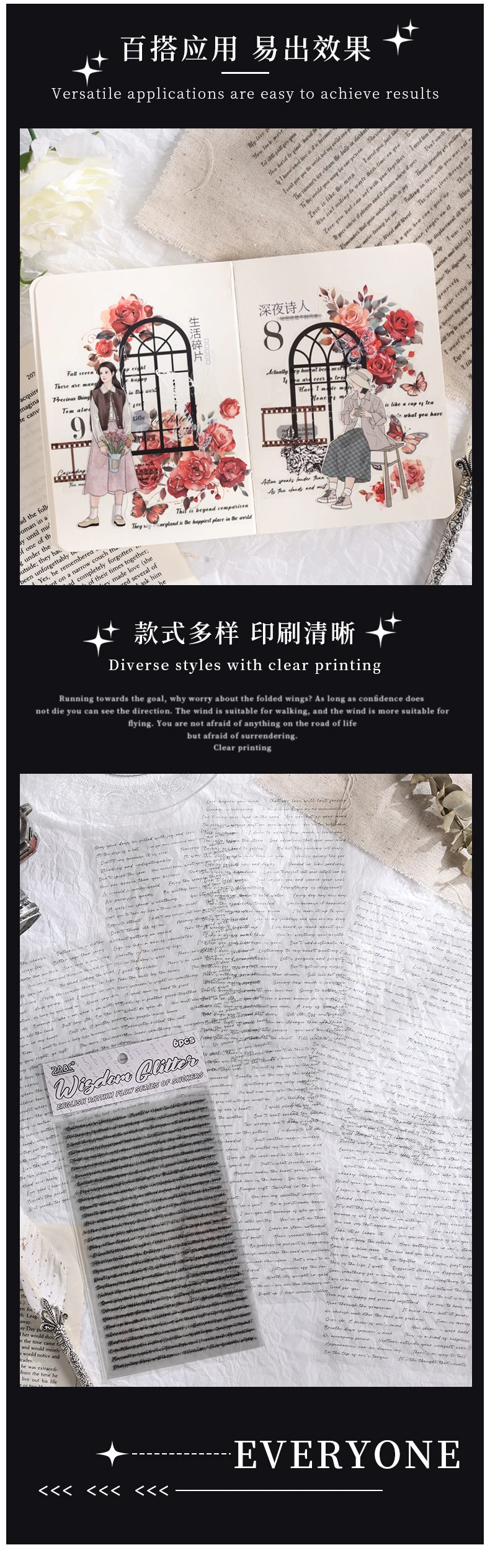 Vintage English Words Material Waterproof PET Sticker Creative DIY Scrapbook Collage Junk Journal Background Decoration Sticker