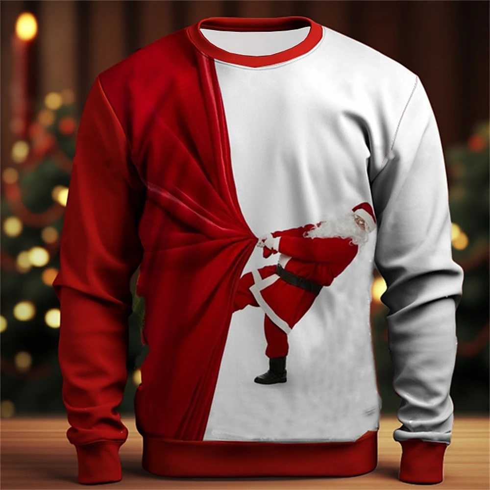 

Santa Claus Merry Christmas Casual Men's 3D Print Pullover Sweatshirt Holiday Vacation Going out Sweatshirts Red Crew Neck Print